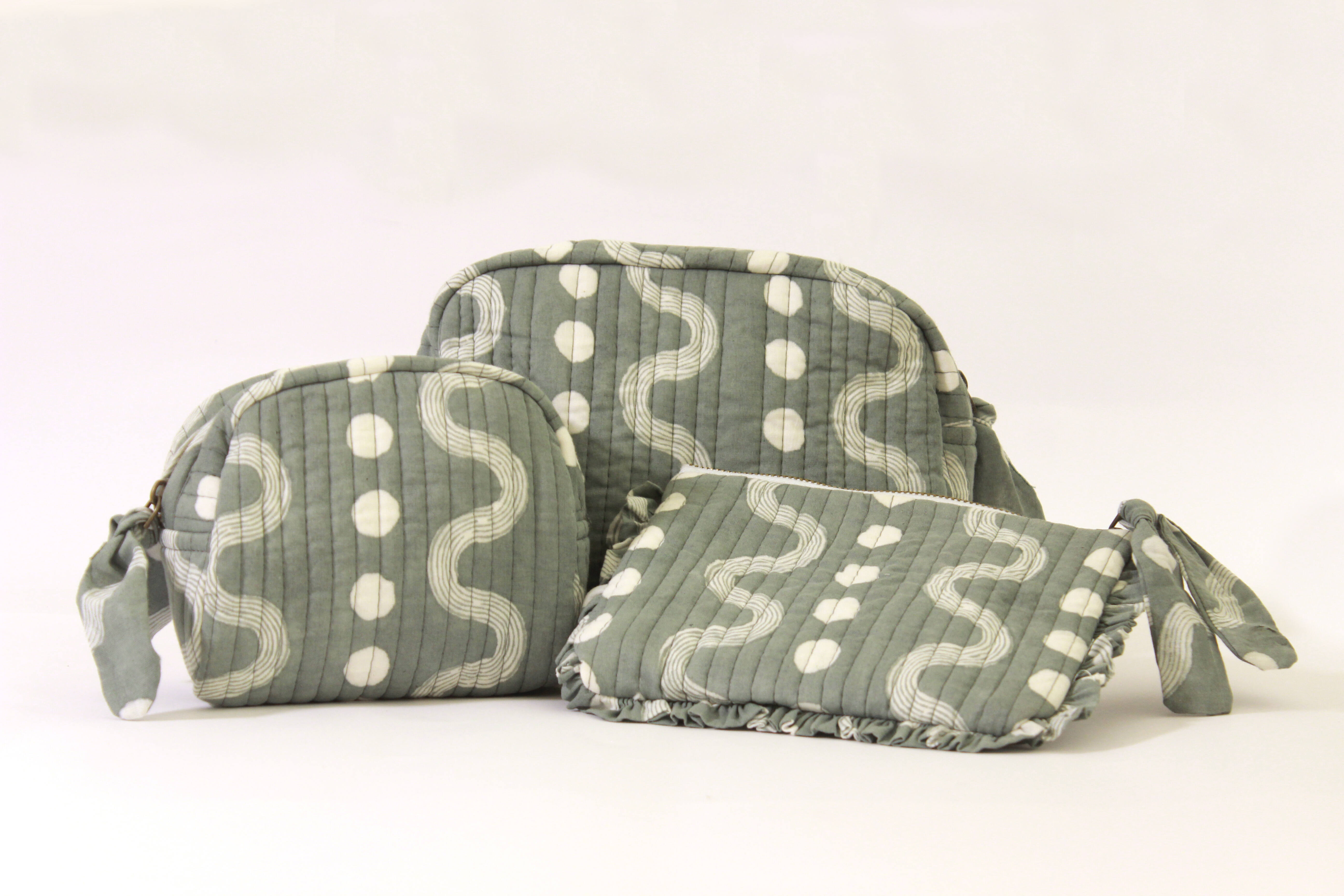Sustainable Quilted Cotton Travel Pouch l Grey Organizer Kit l Set of three thumbnail 1