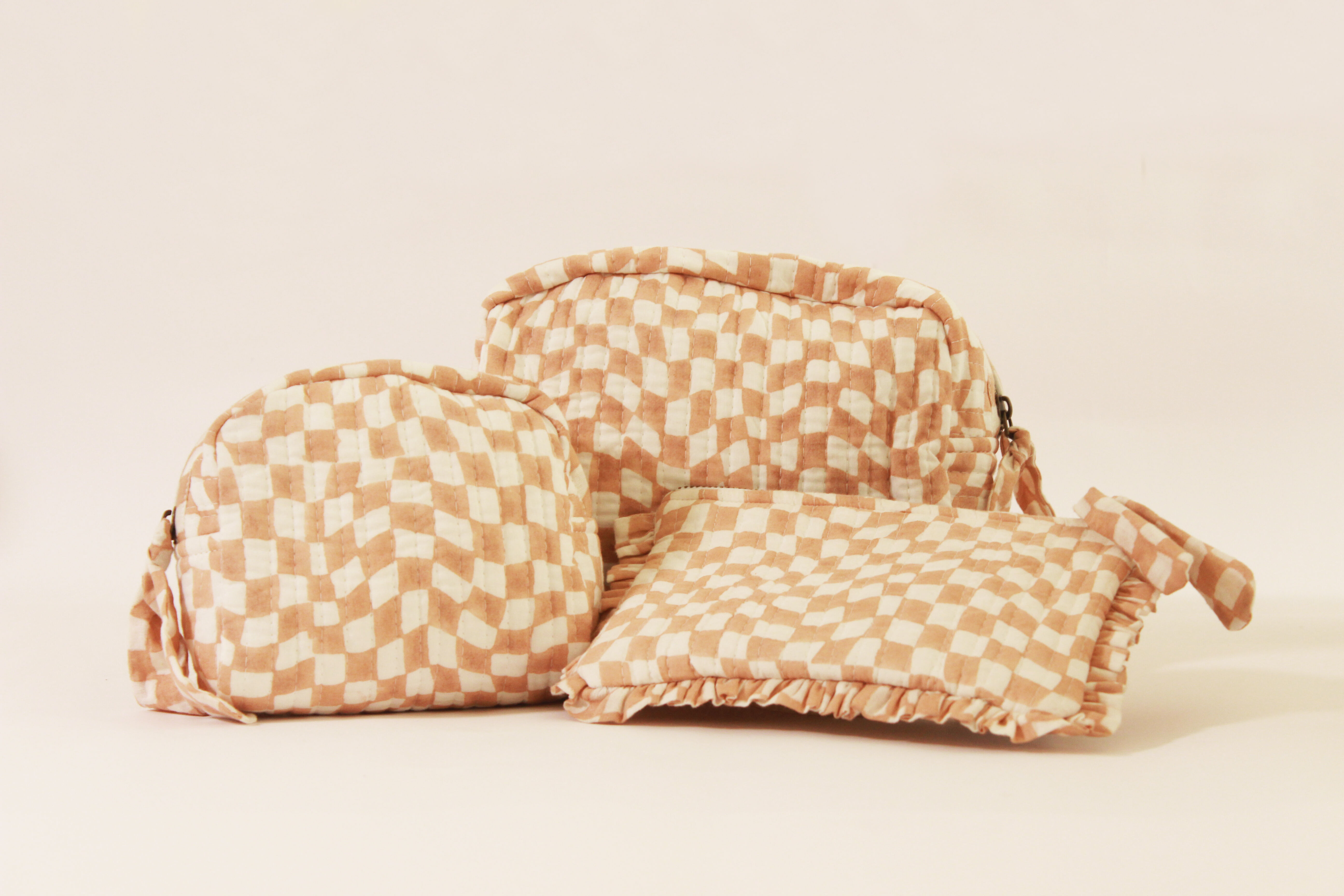 Sustainable Quilted Cotton Travel Pouch l Peach & White Organizer Kit l Set of three thumbnail 1