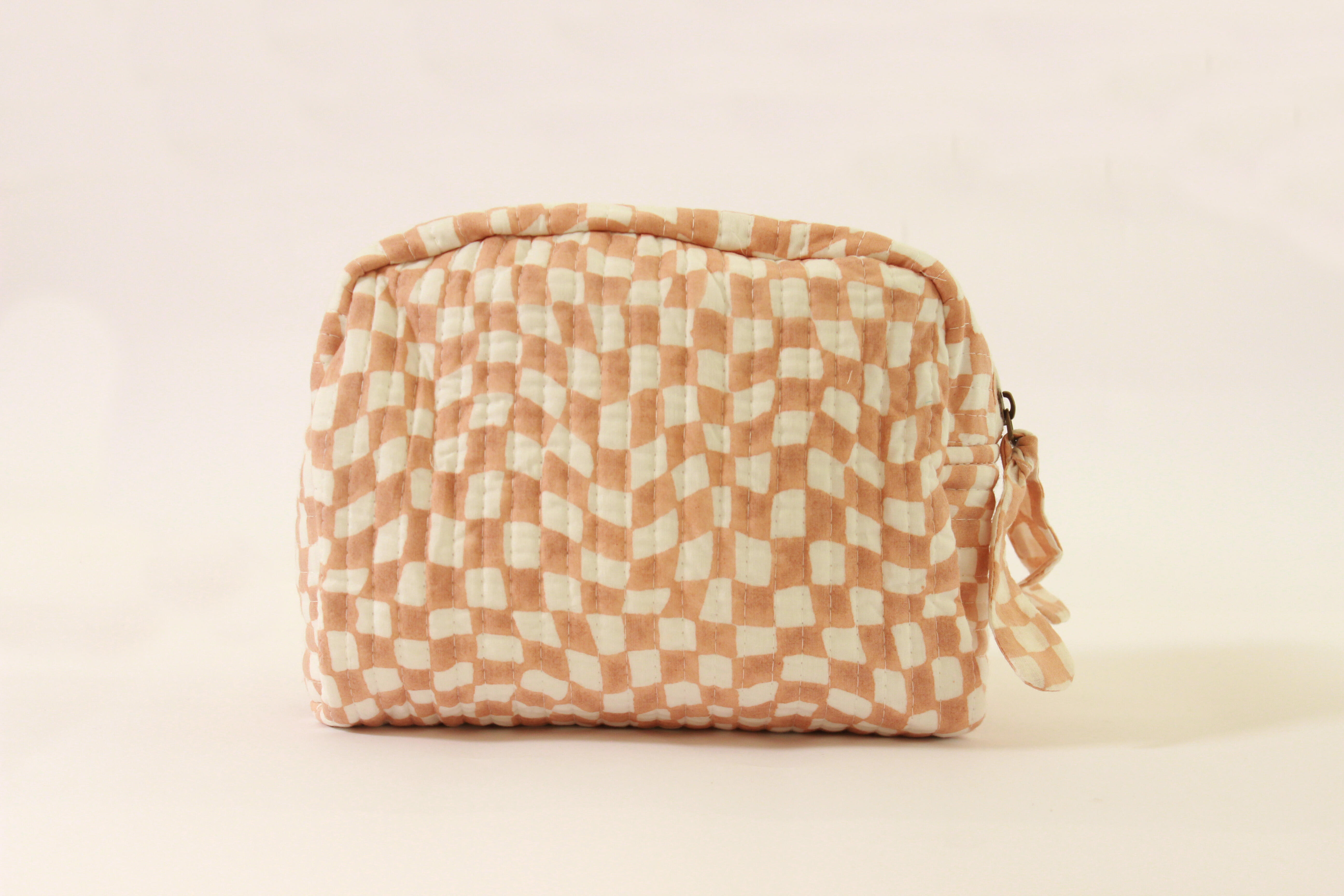 Sustainable Quilted Cotton Travel Pouch l Peach & White Organizer Kit l Set of three thumbnail 2