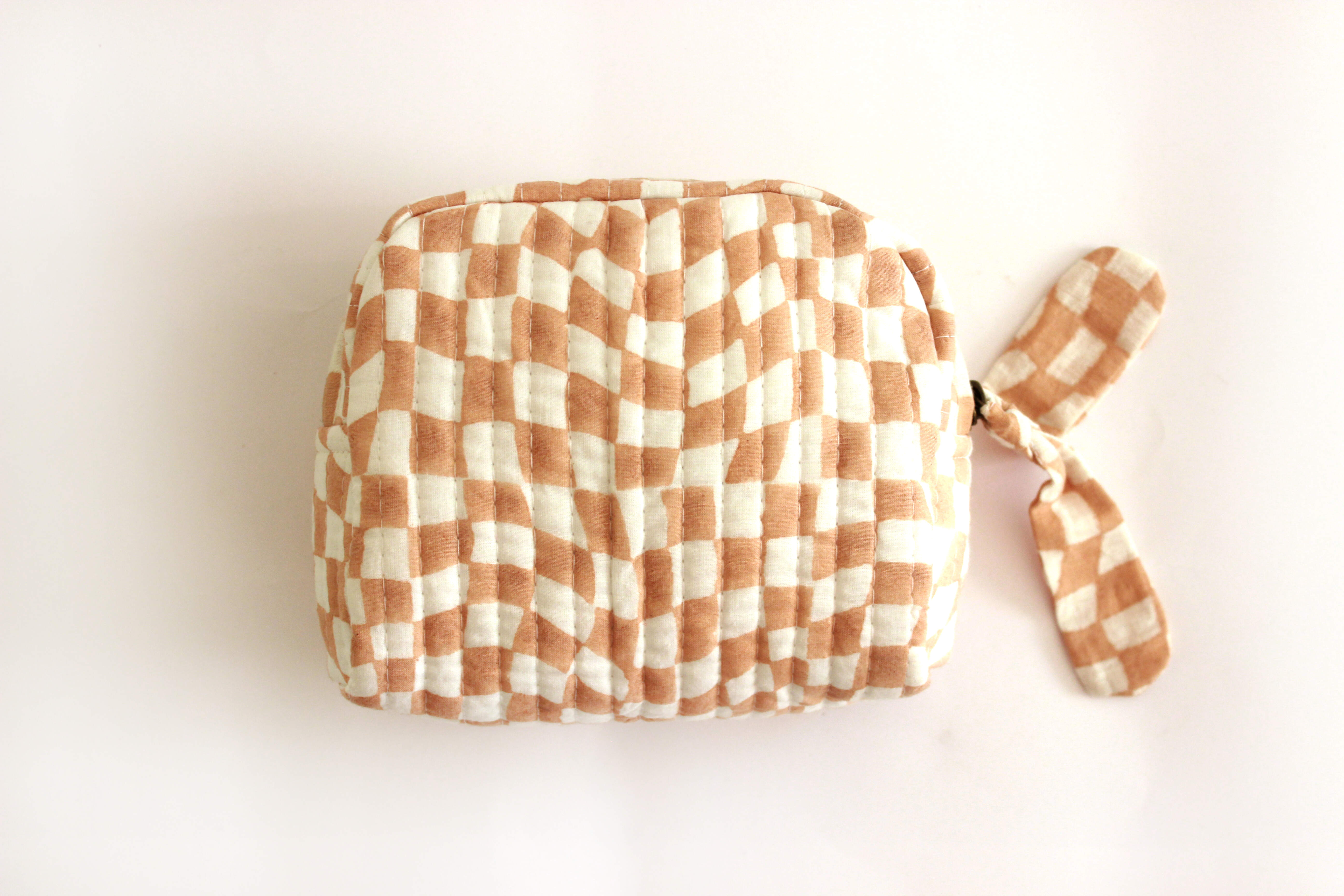 Sustainable Quilted Cotton Travel Pouch l Peach & White Organizer Kit l Set of three thumbnail 3