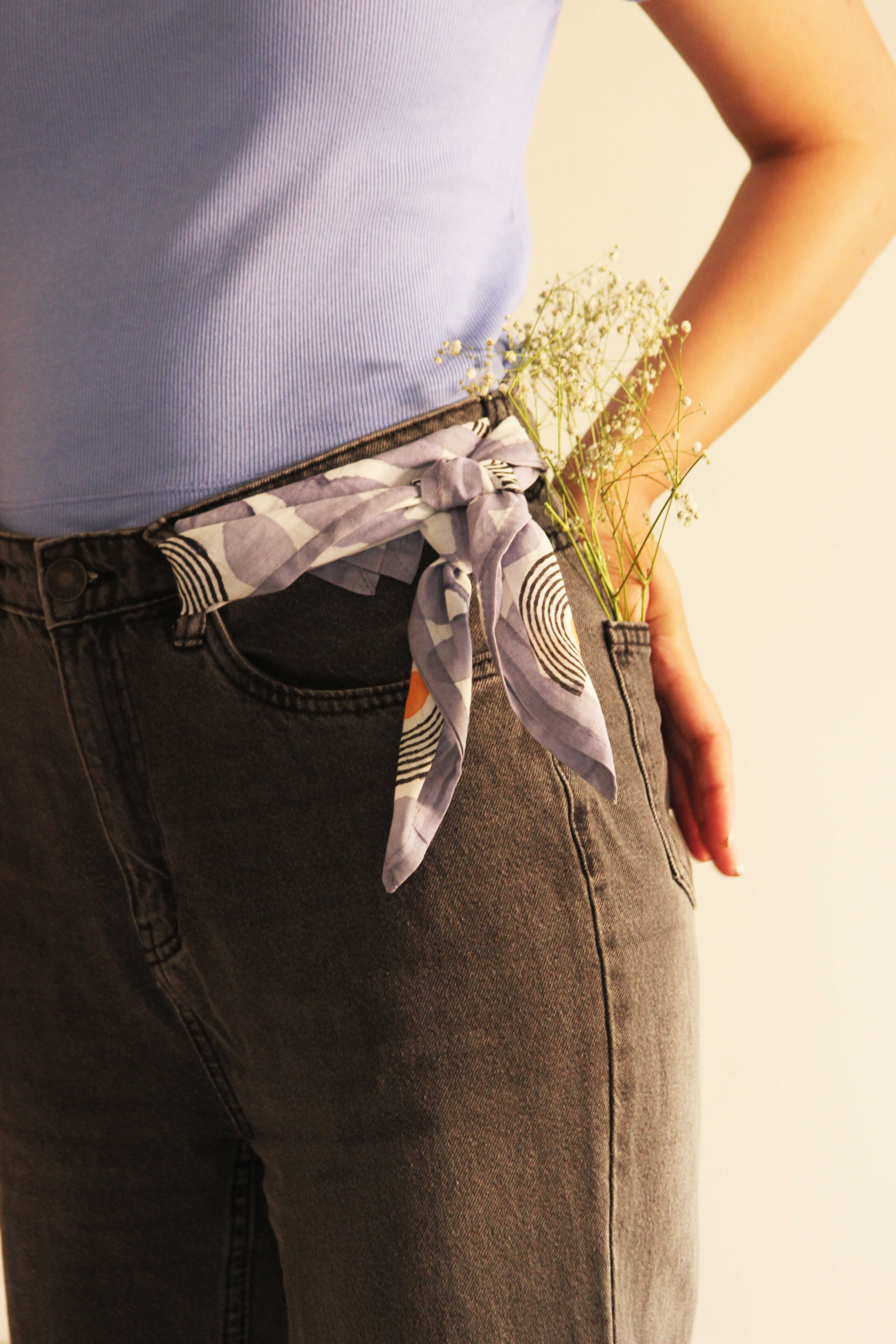 Mid-modern Blue and White Floral Cotton Square Scarf thumbnail 3