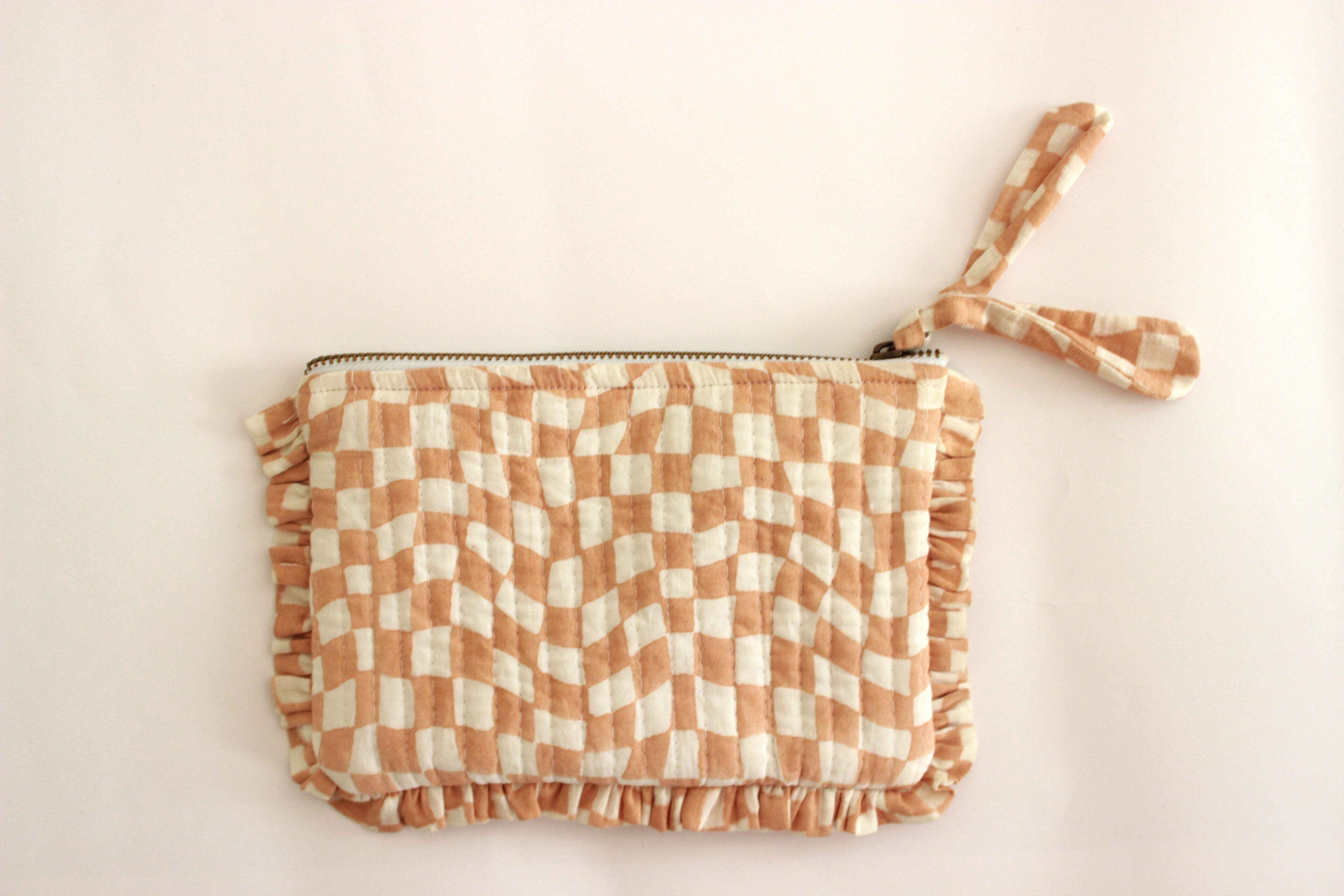 Sustainable Quilted Cotton Travel Pouch l Peach & White Organizer Kit l Set of three thumbnail 5