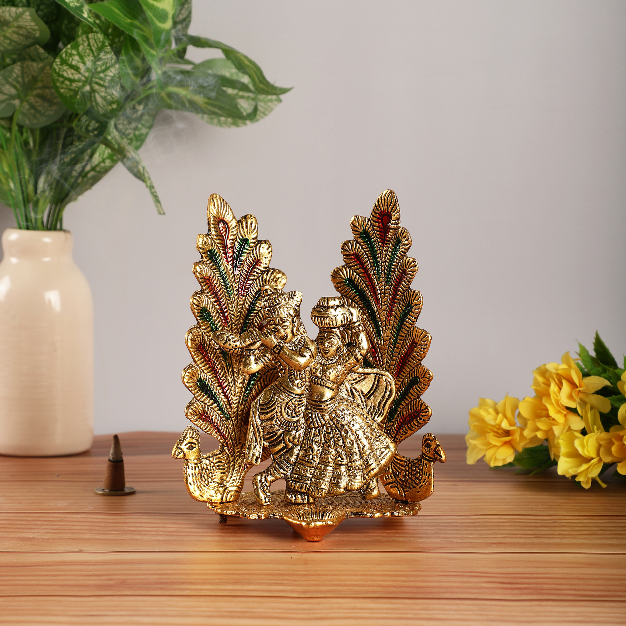 Radha Krishna Metal Statue With Diya And Peacock