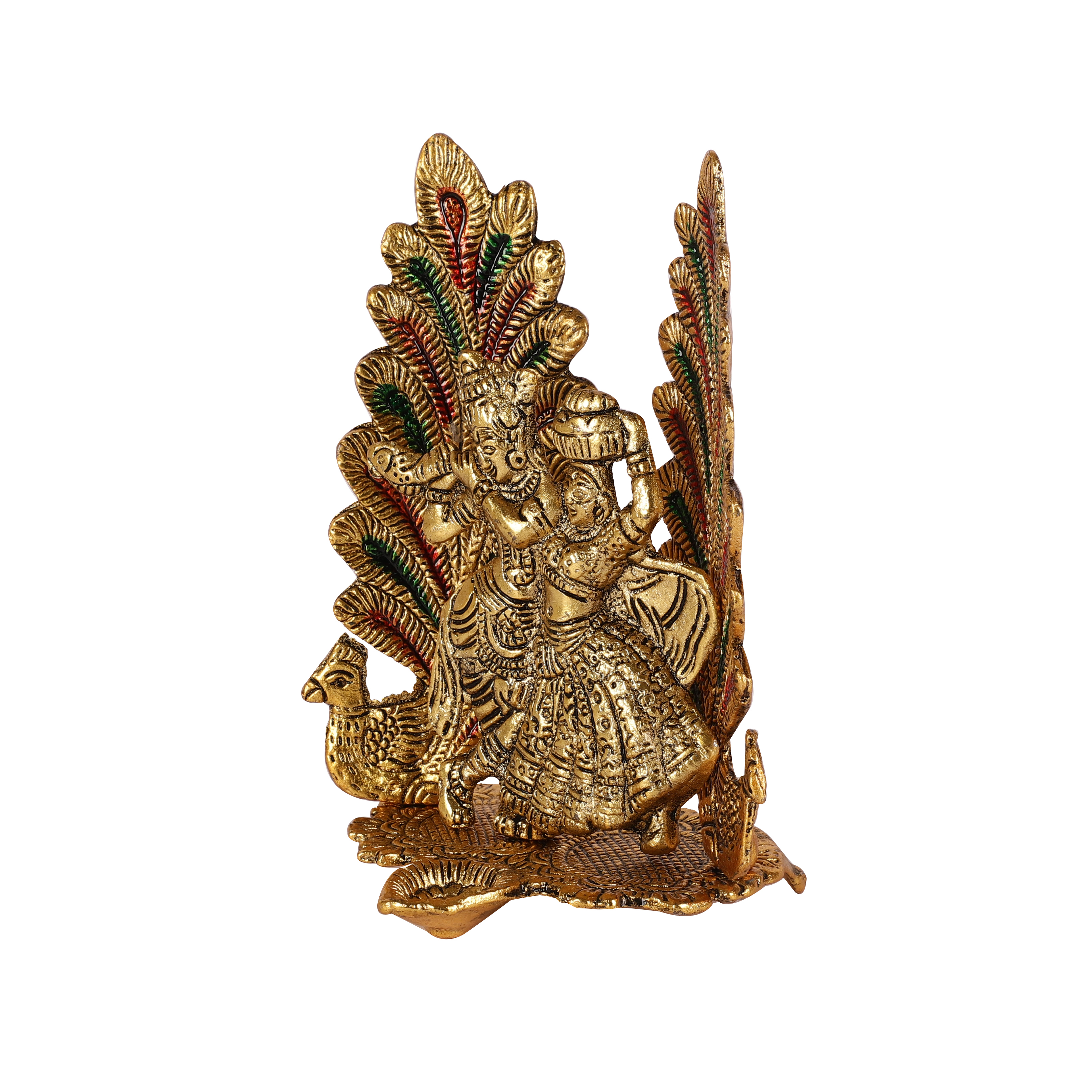Radha Krishna Metal Statue With Diya And Peacock - alternate view