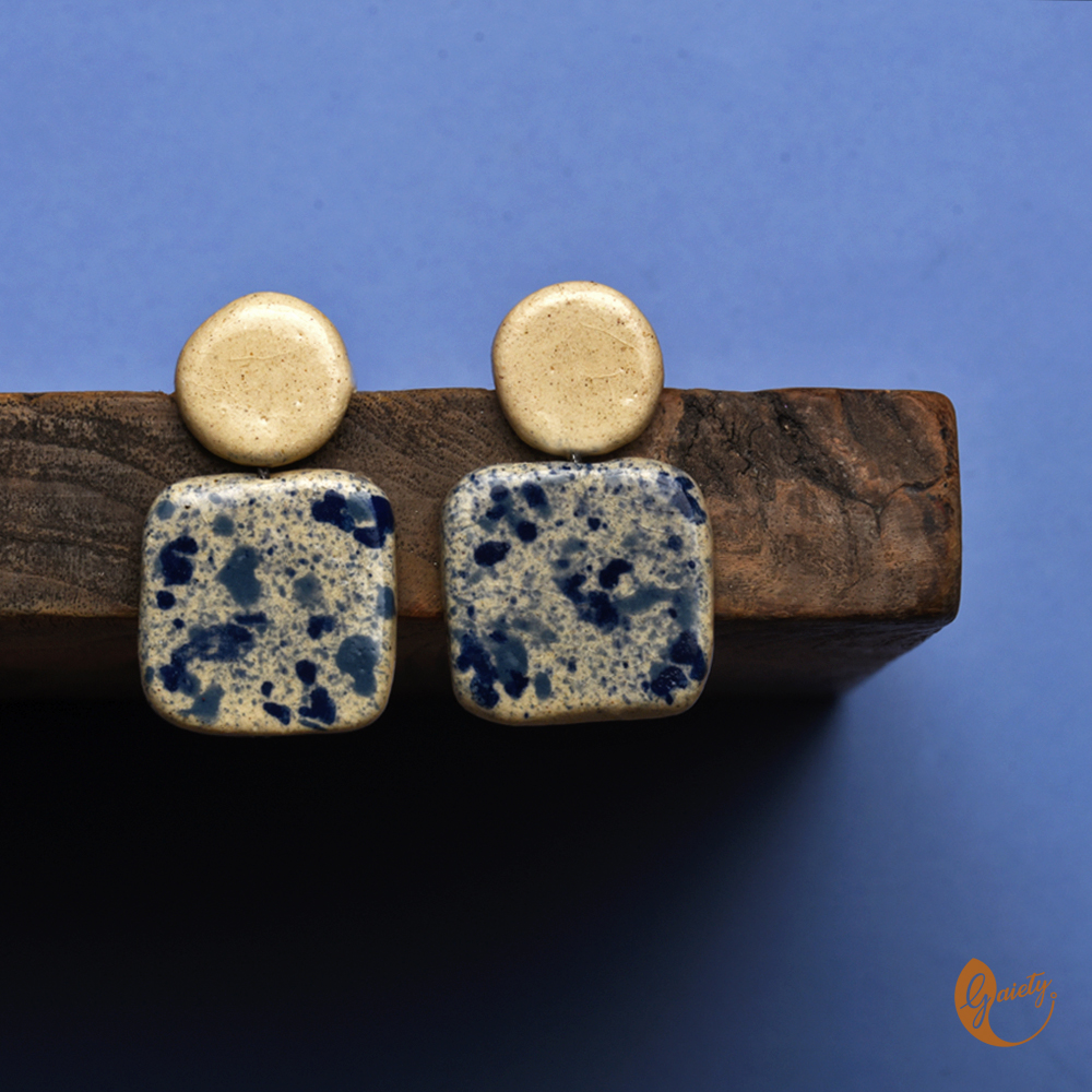 White Gray Blue Clay Stud Earrings | Handmade| White-Gray-Blue