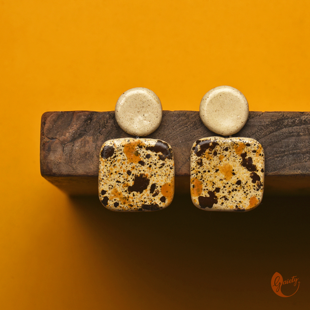 White, Ochre & Brown Clay Stud Earrings | Handmade