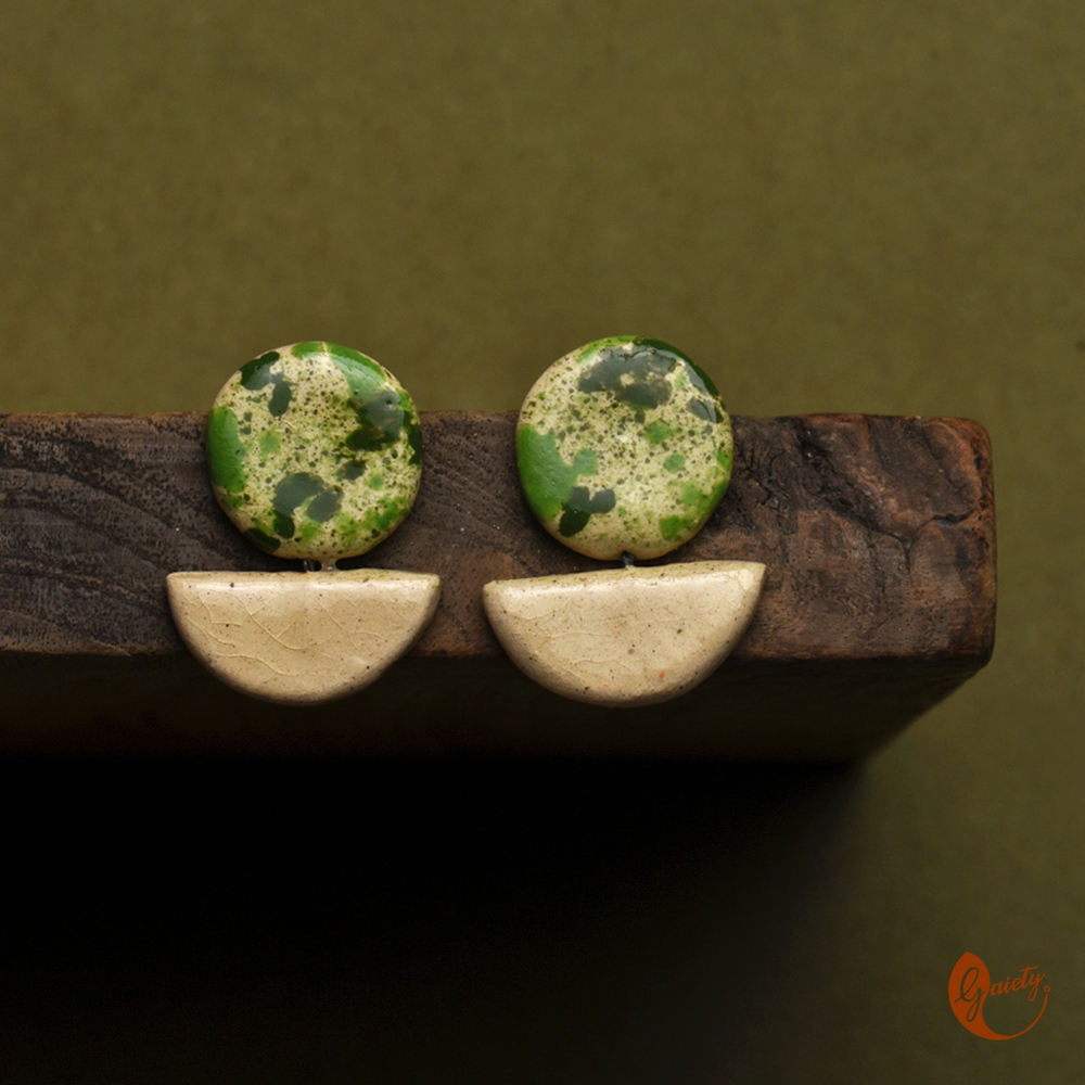 White & Green Clay Stud Earrings | Handmade