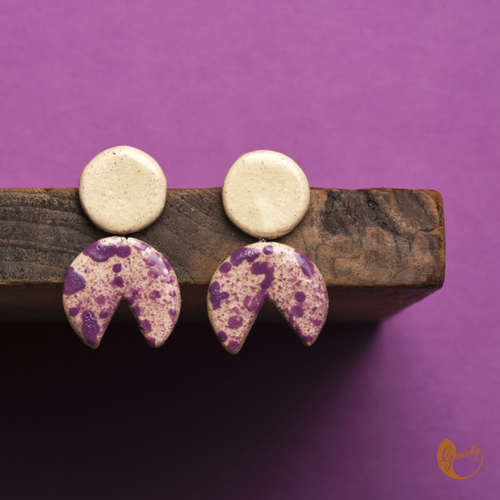 White & Purple Clay Stud Earrings | Handmade