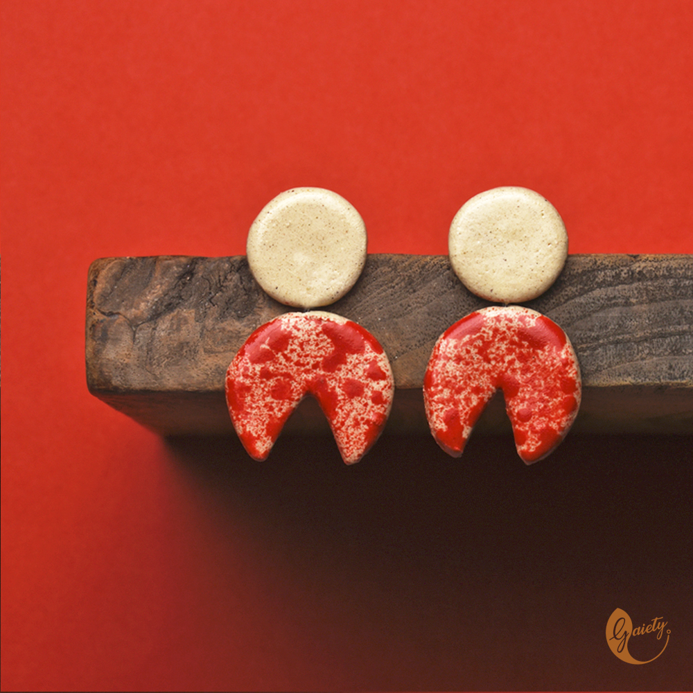 Red & White Clay Stud Earrings | Handmade