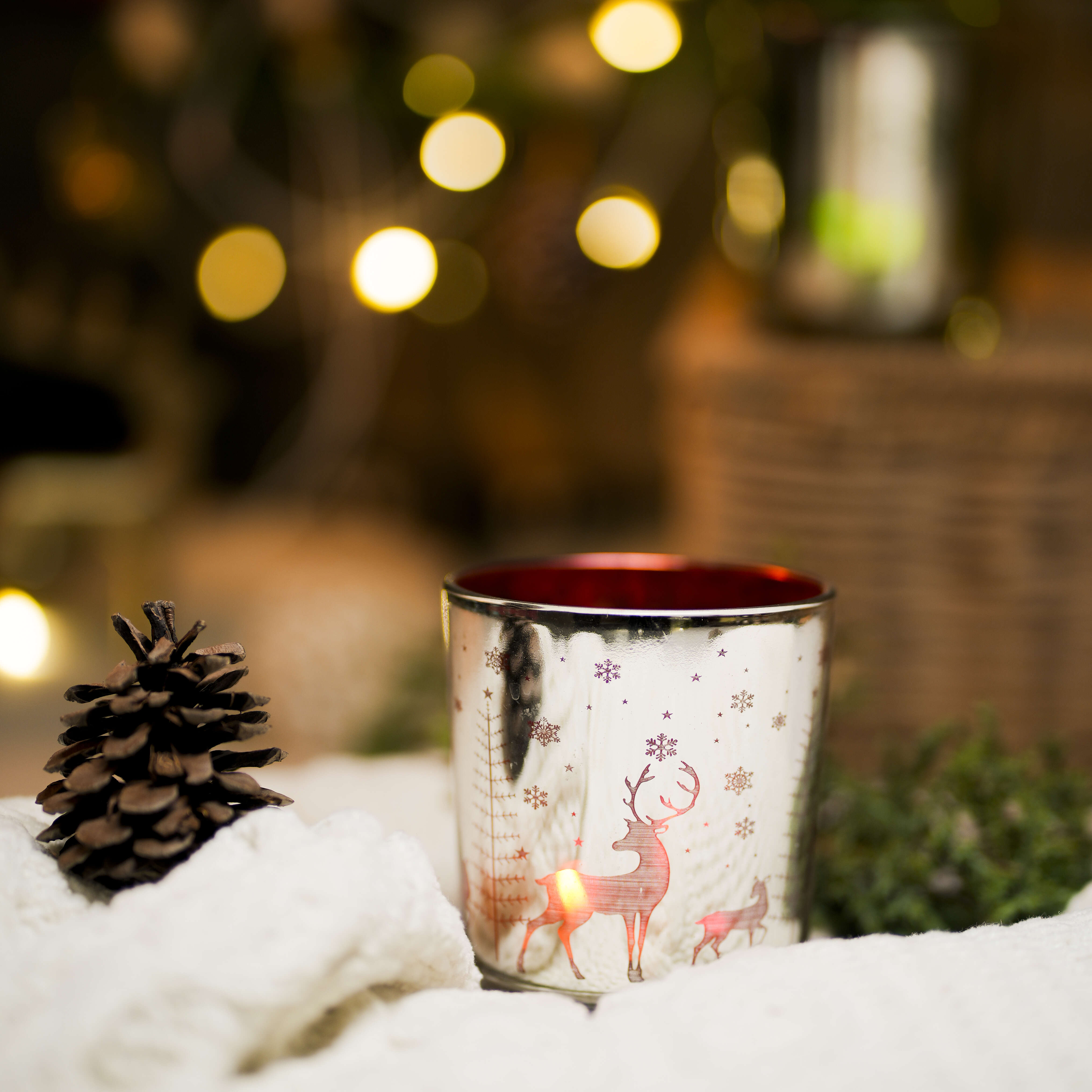 Embroidered Deer Red Glass Votive