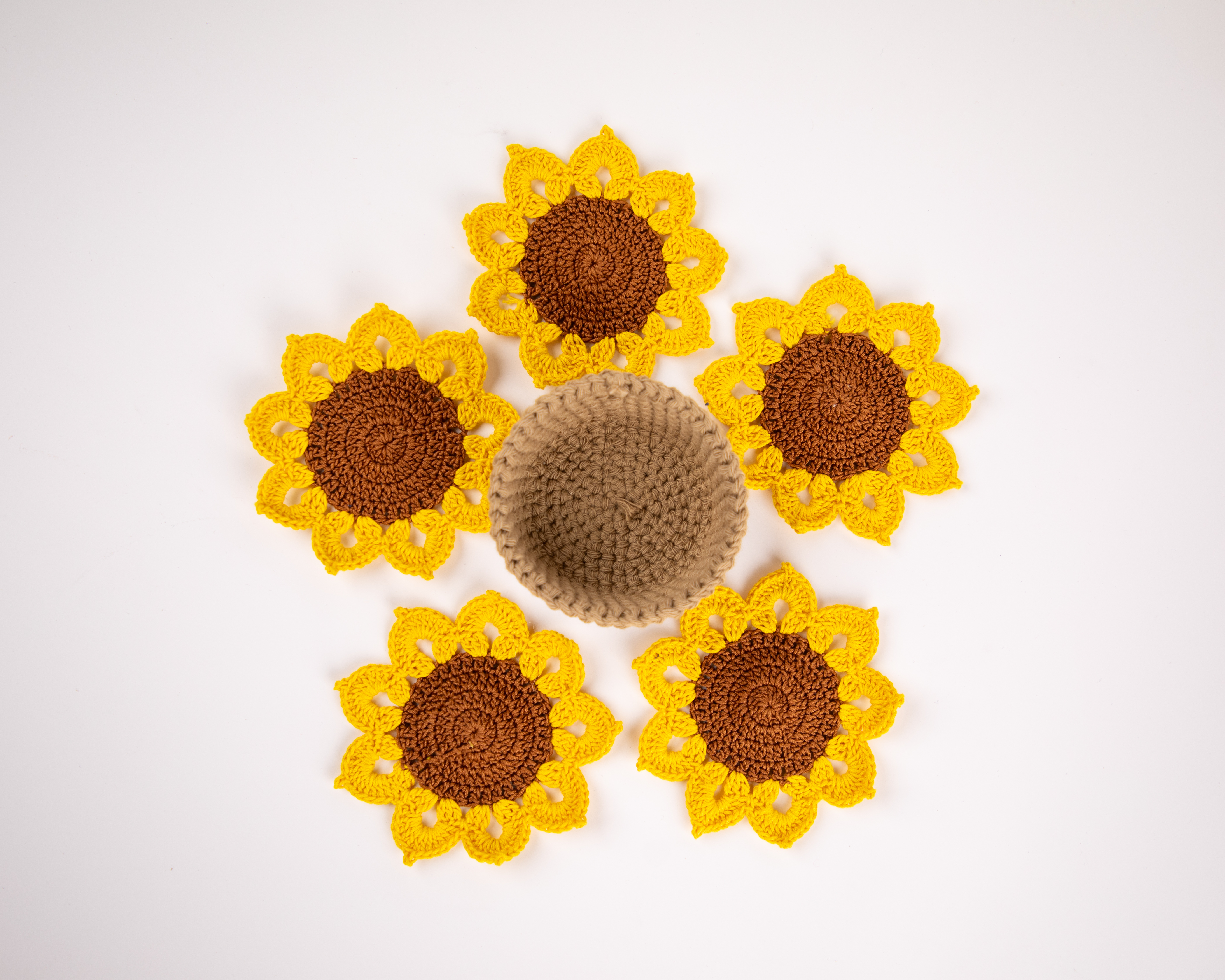 Crochet Sunflower Coasters | Set of 5 + Holding Pot