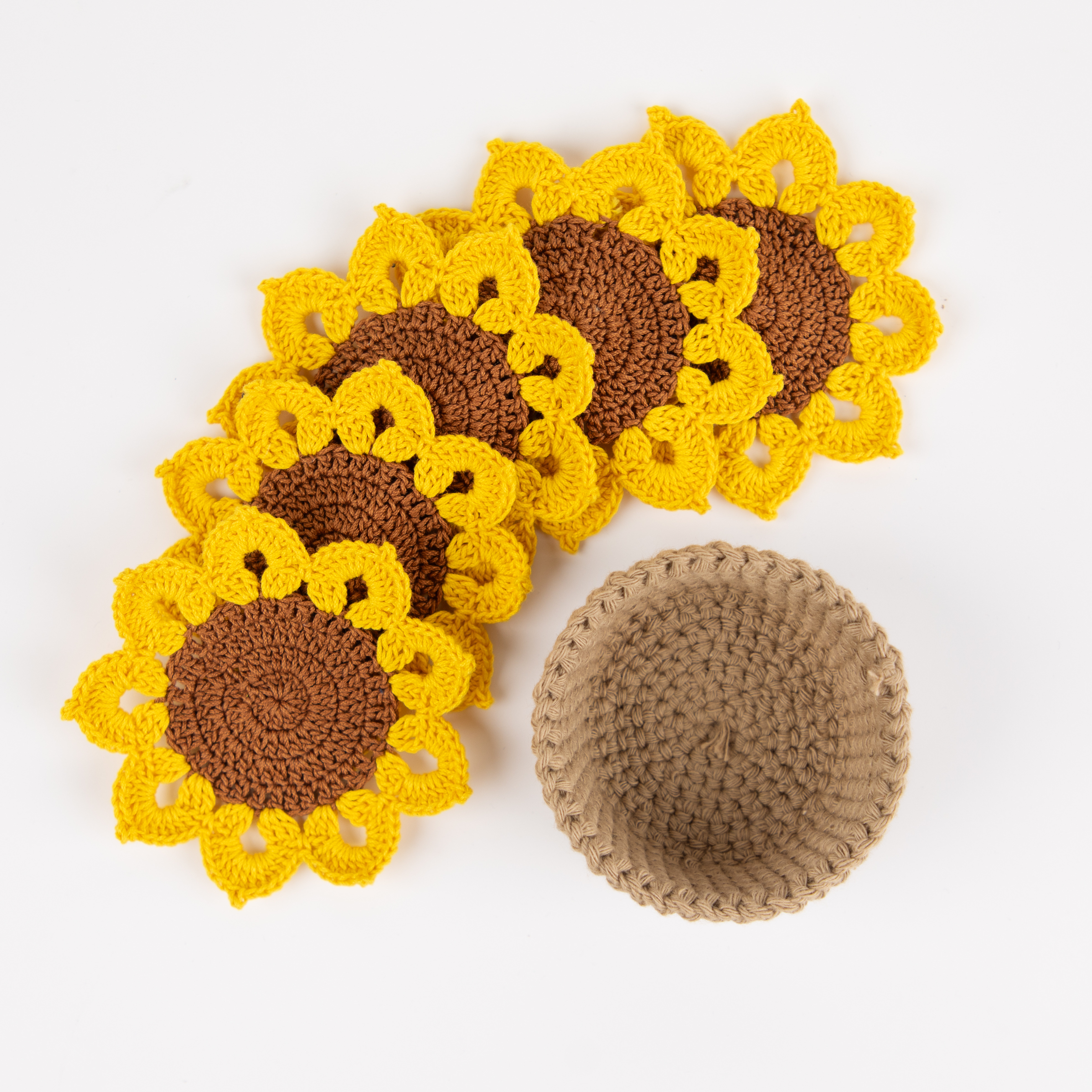 Crochet Sunflower Coasters | Set of 5 + Holding Pot - alternate view