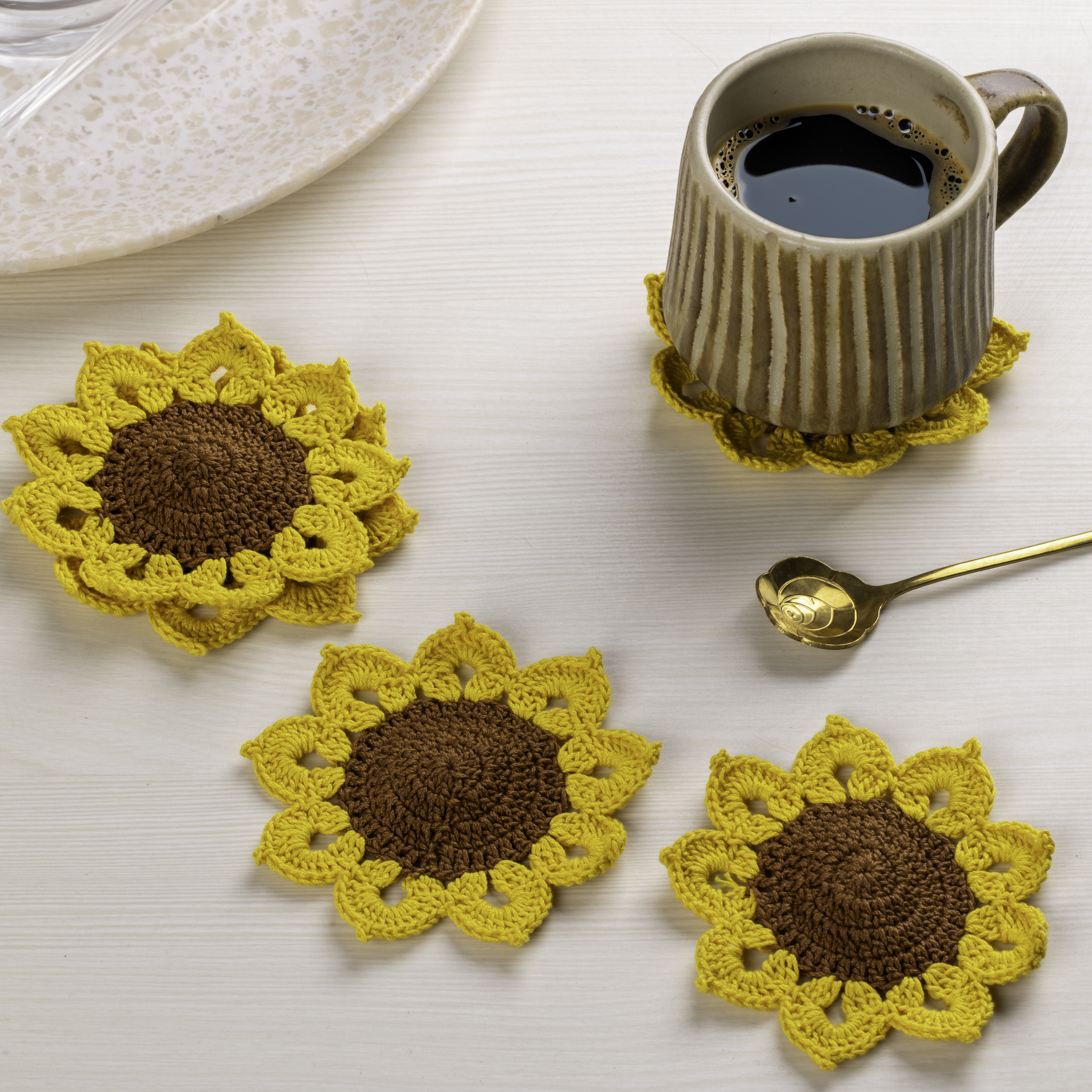 Crochet Sunflower Coasters | Set of 5 + Holding Pot thumbnail 3