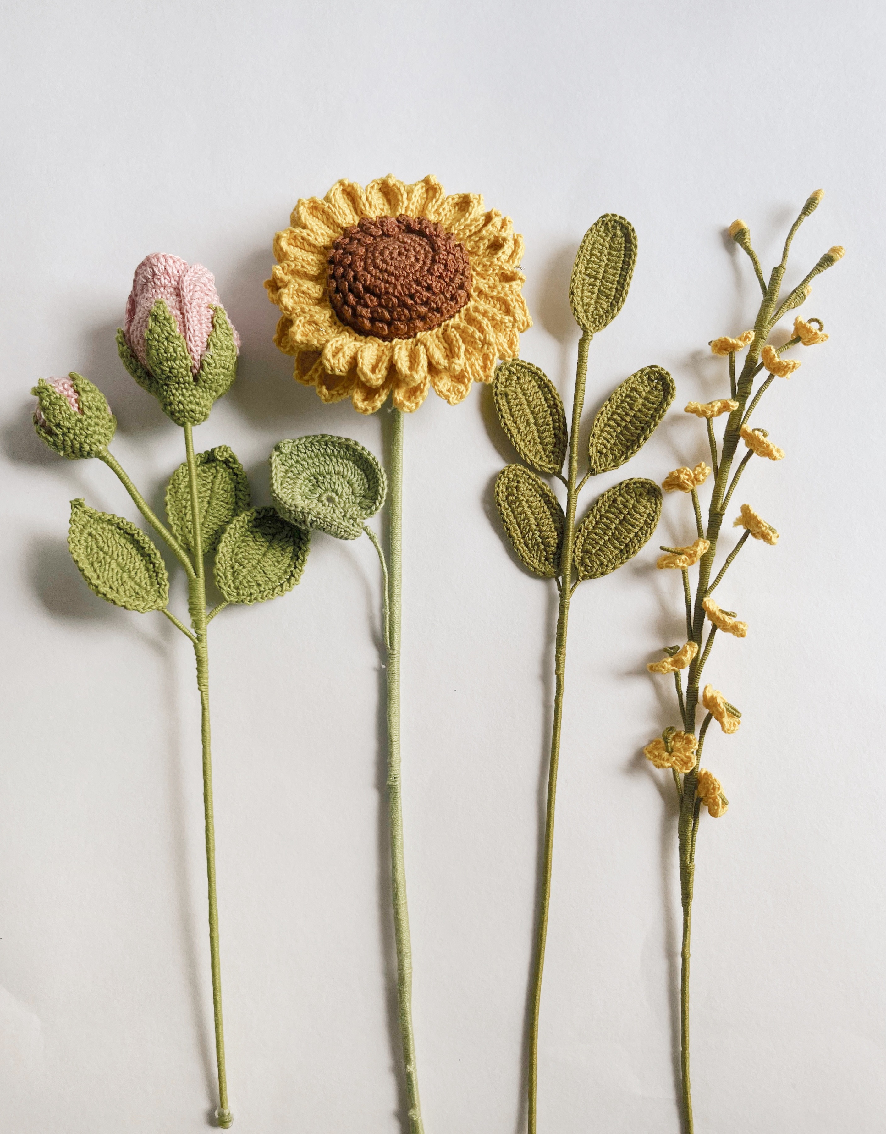 Crochet Sunflower Pink Bouquet | Includes 1 sunflower, 1 orchid,, 1 rose bud , 1 leaf stick
