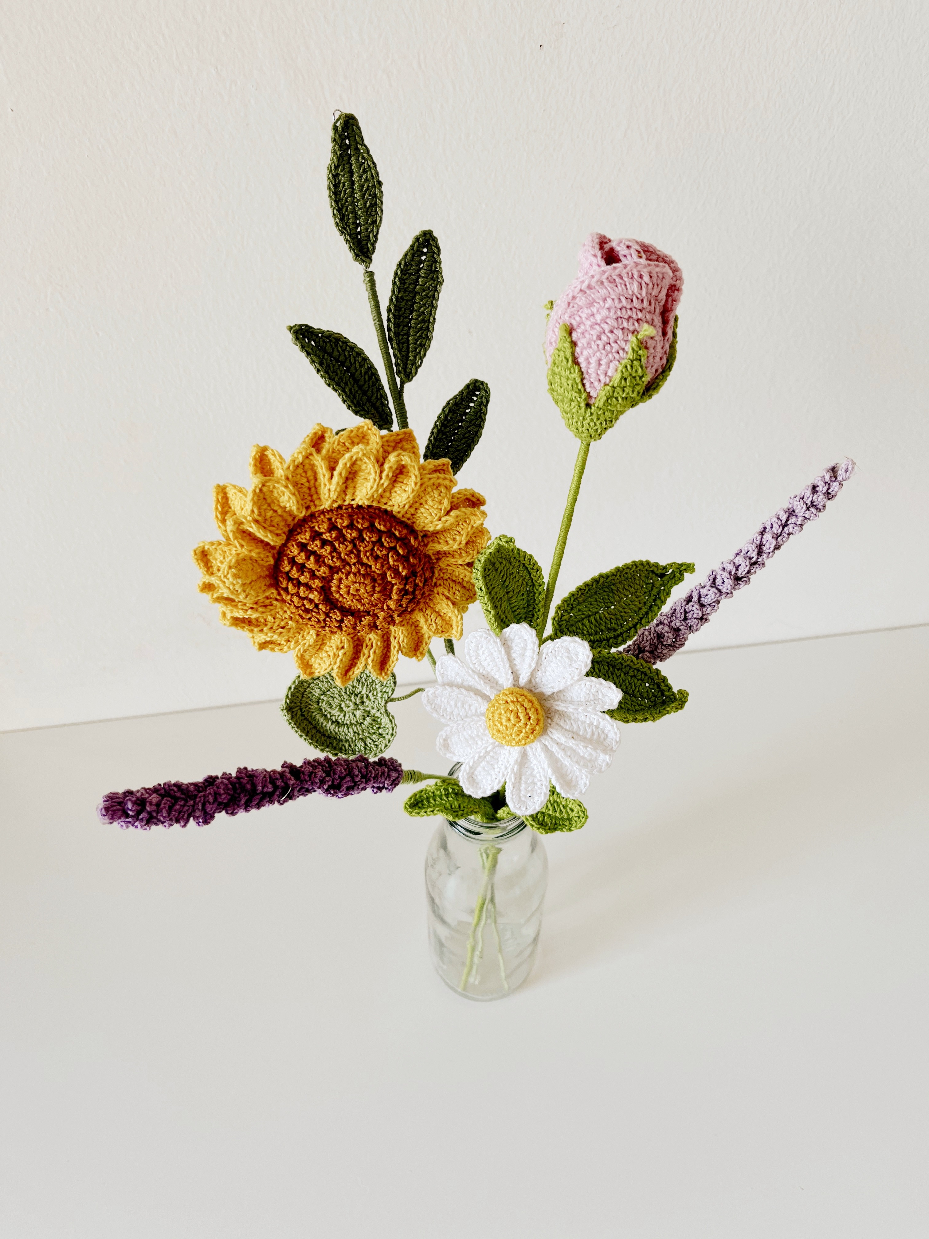 Crochet Sunflower Bouquet | Includes 1 sunflower, 1 daisy , 2 lavender sticks, 1 rose bud , 1 leaf stick | Handmade - alternate view