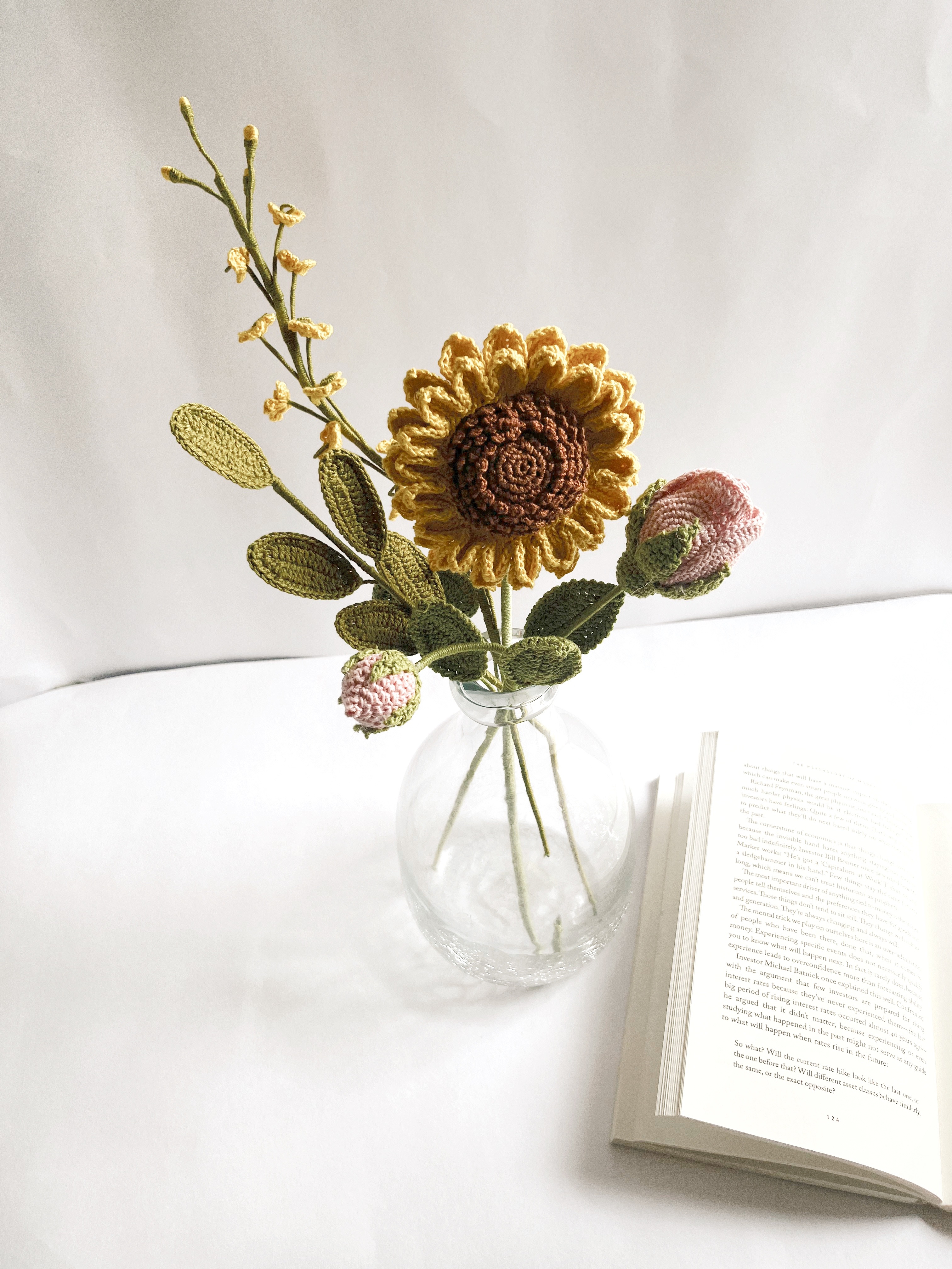 Crochet Sunflower Pink Bouquet | Includes 1 sunflower, 1 orchid,, 1 rose bud , 1 leaf stick - alternate view