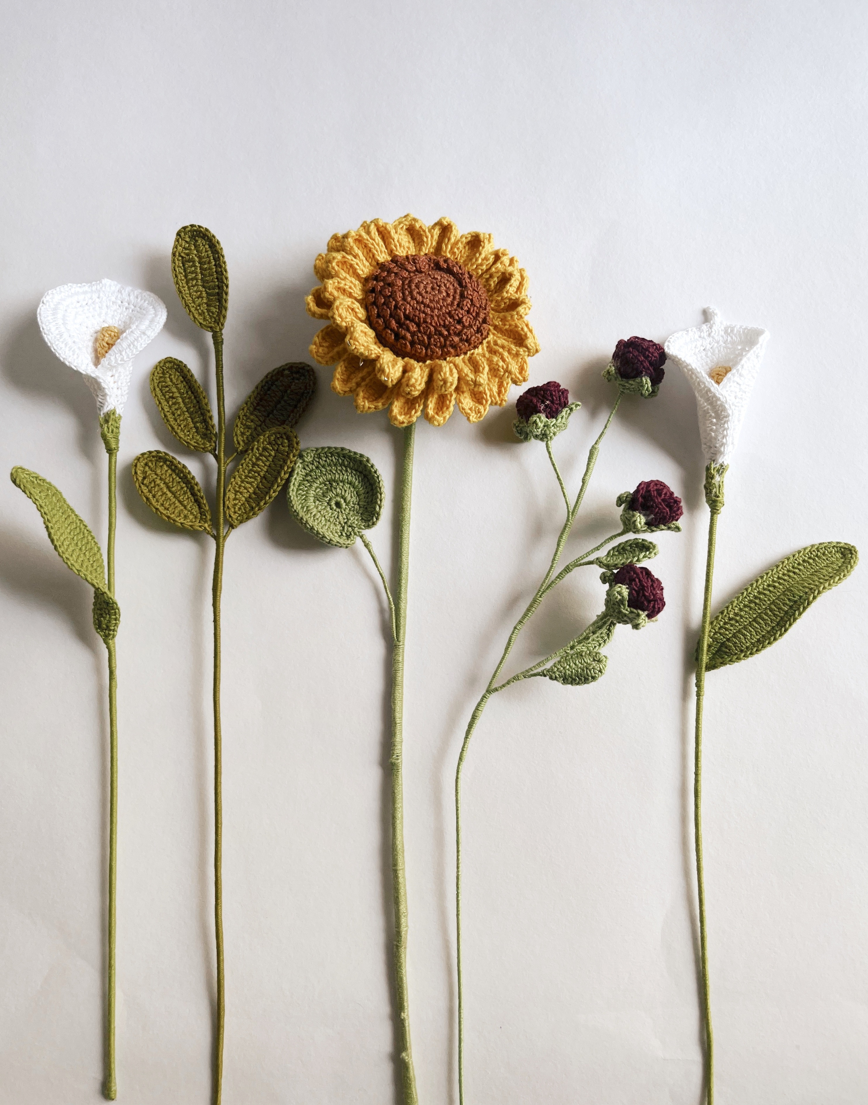 Crochet Sunflower Lily Bouquet | Includes 1 sunflower , 2 peace lily , 1 rose stick , 1 leaf - alternate view