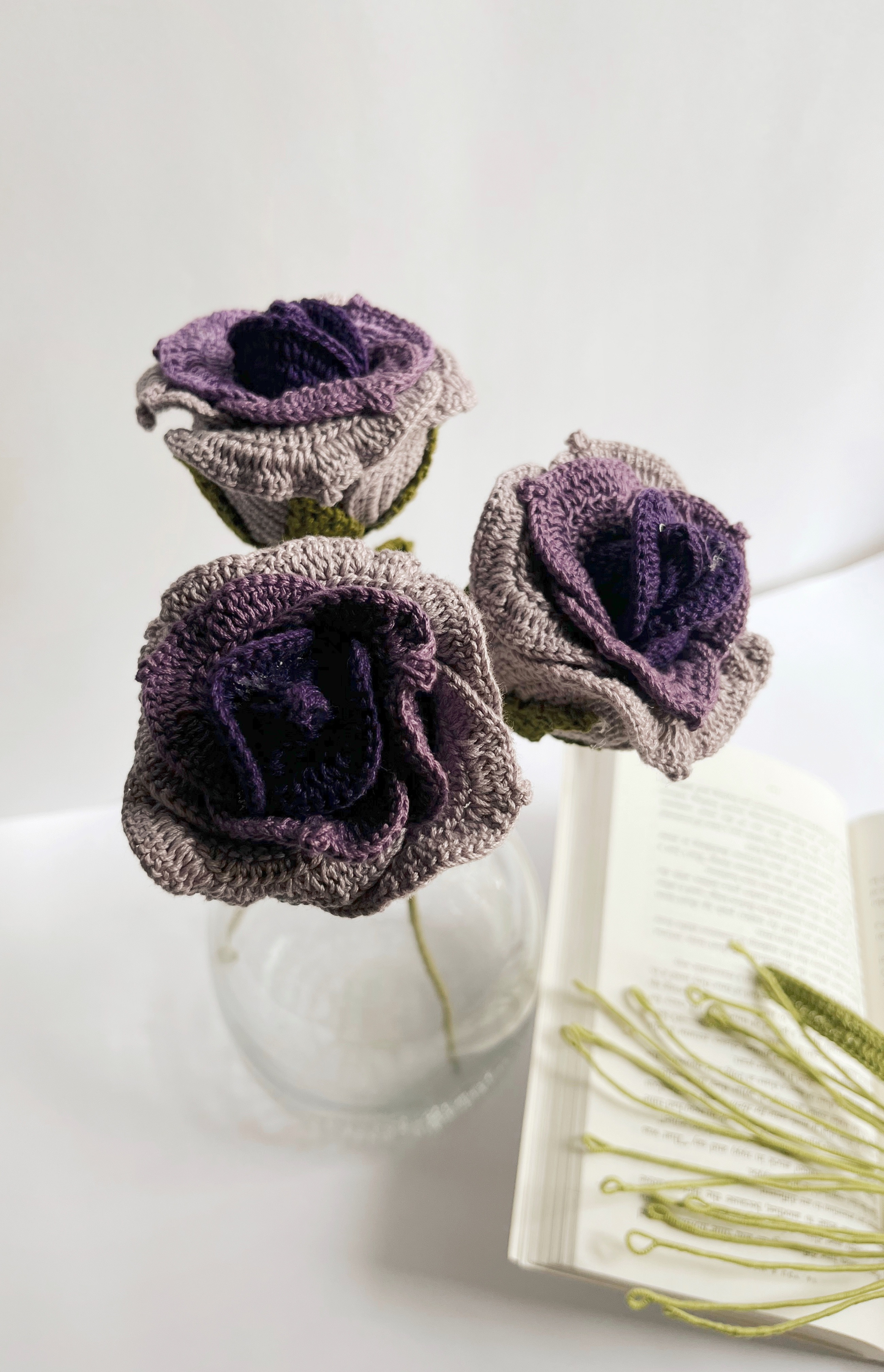 Crochet Thai Bouquet | 3 Thai Roses + 1 Fountain Leaf Stick | Hanndmade