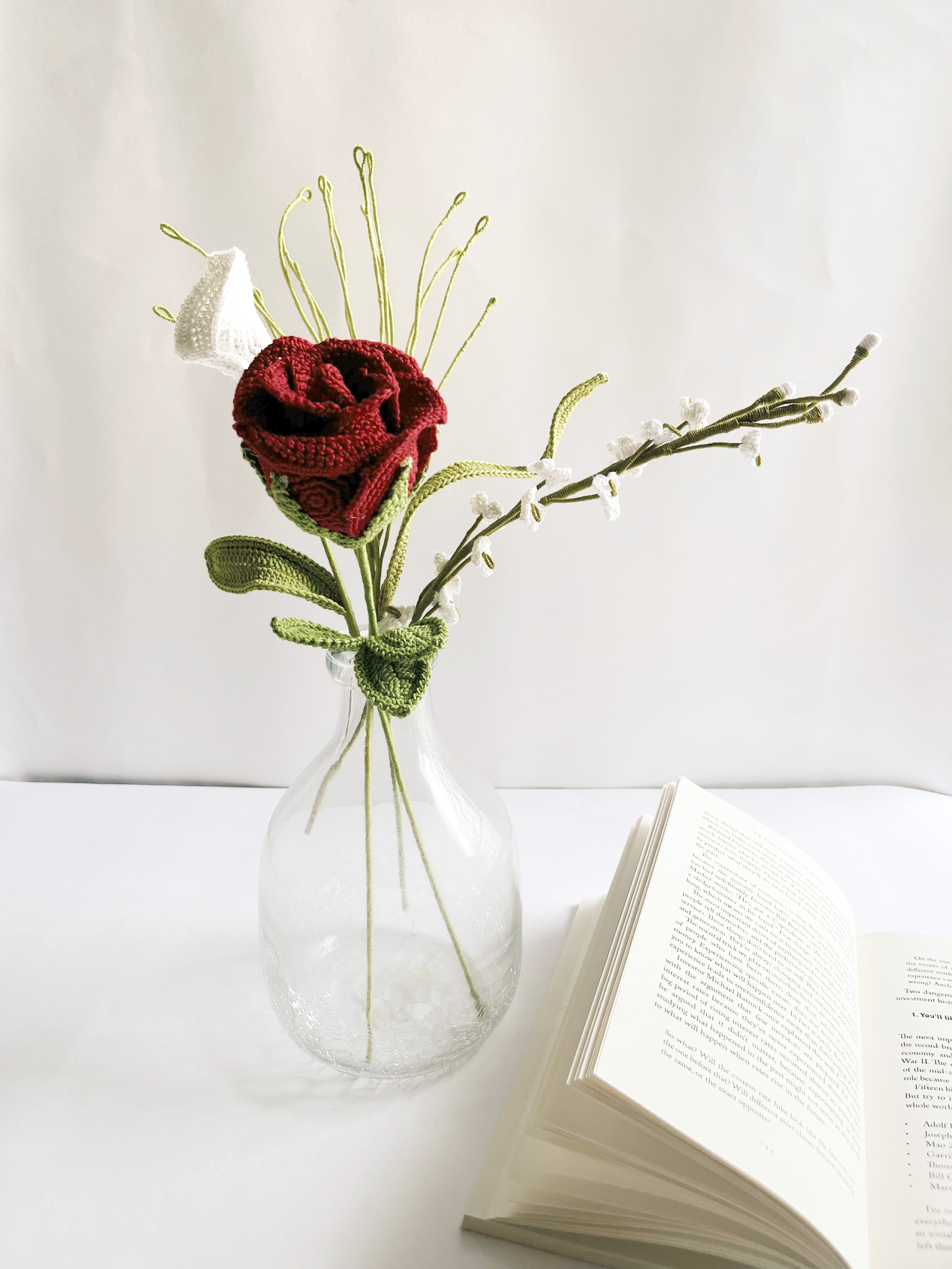 Crochet Rose Lily Bouquet |  Includes 1 Rose, 1 Dancing Orchid White, 1 Fountain Grass and 1 Peace Lily | Handmade