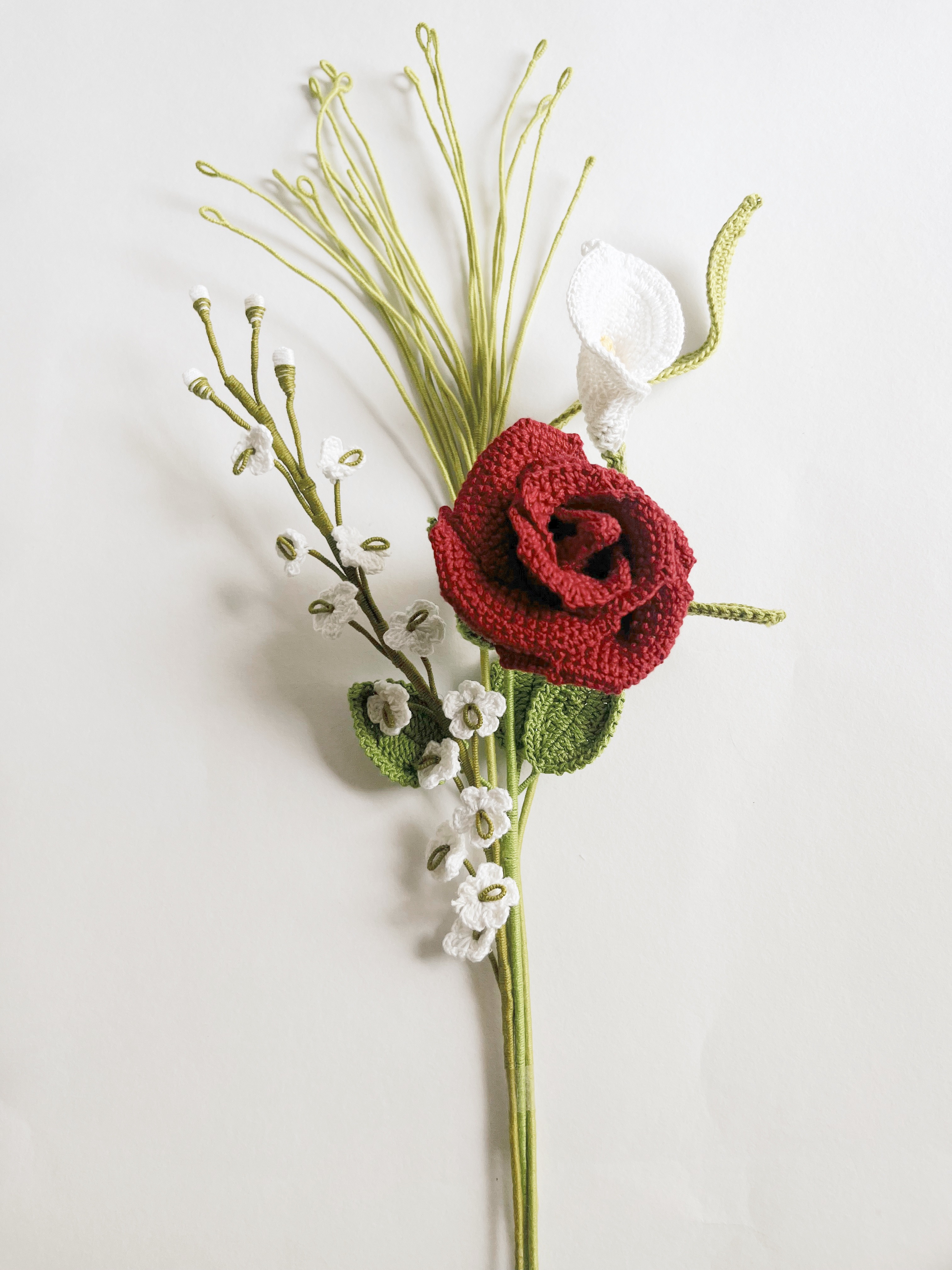 Crochet Rose Lily Bouquet |  Includes 1 Rose, 1 Dancing Orchid White, 1 Fountain Grass and 1 Peace Lily | Handmade - alternate view