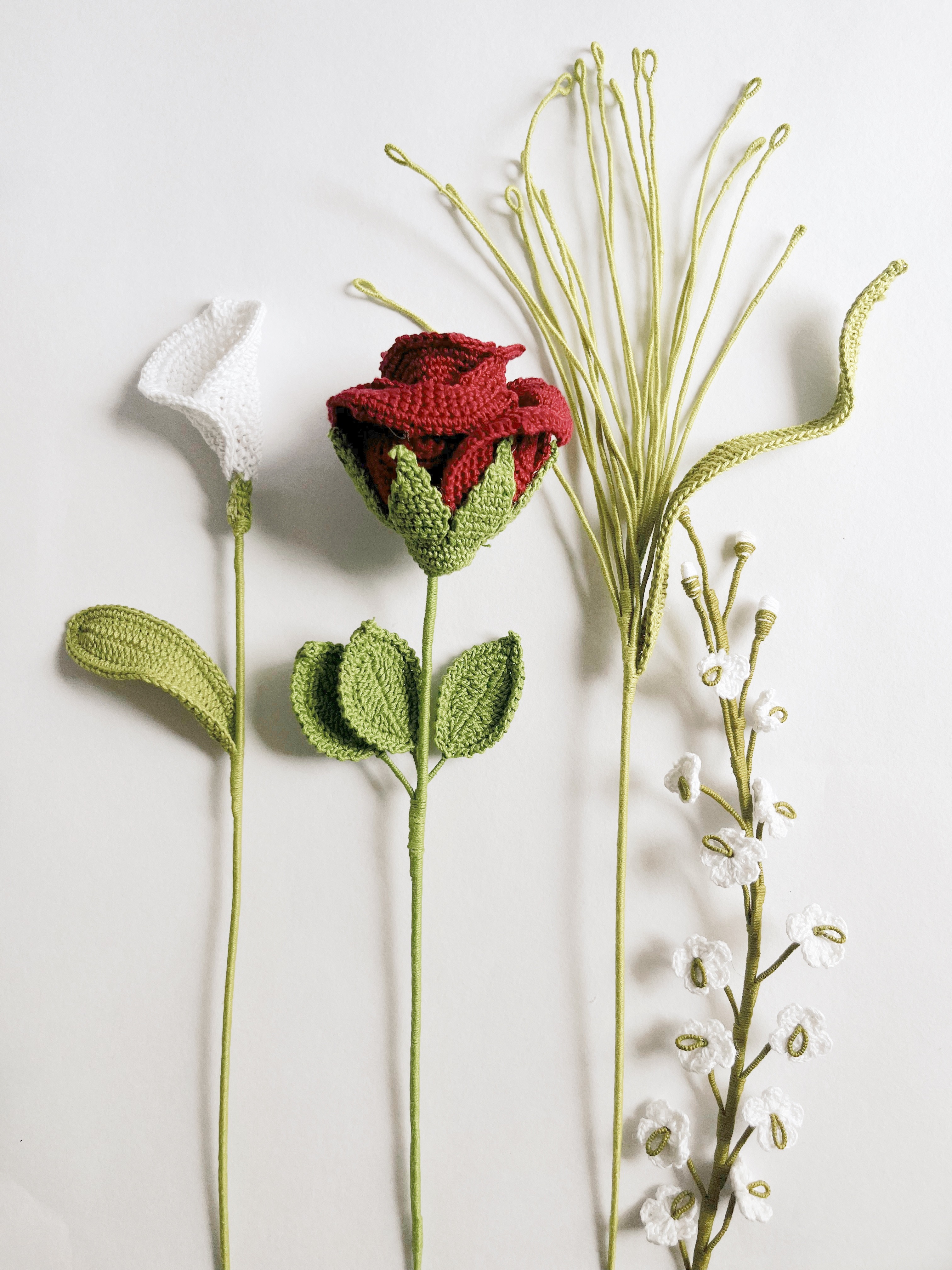 Crochet Rose Lily Bouquet |  Includes 1 Rose, 1 Dancing Orchid White, 1 Fountain Grass and 1 Peace Lily | Handmade thumbnail 3