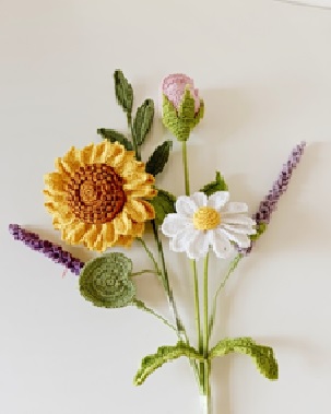 Crochet Sunflower Bouquet | Includes 1 sunflower, 1 daisy , 2 lavender sticks, 1 rose bud , 1 leaf stick | Handmade thumbnail 3