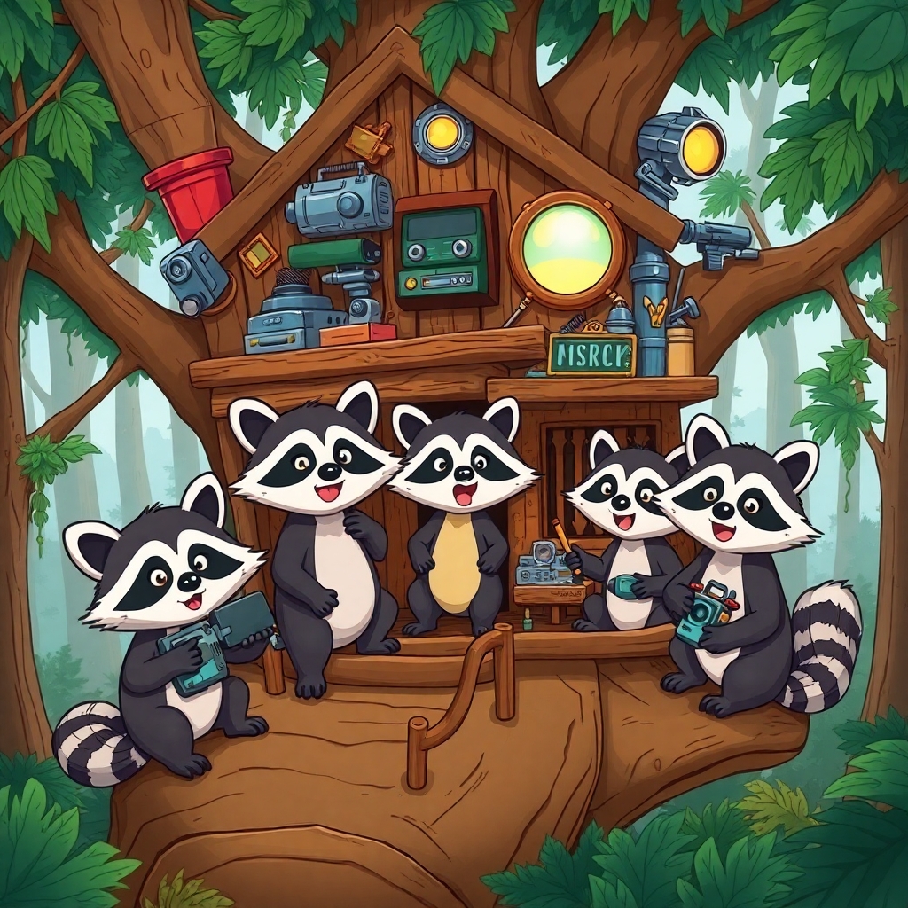 A group of adventurous raccoons in a treehouse filled with gadgets, cartoon style, rich forest background