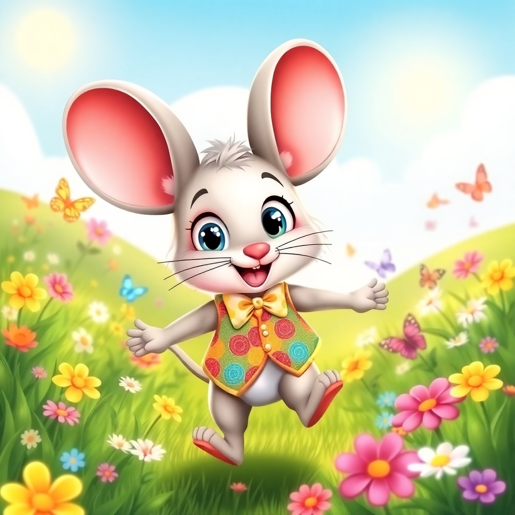 A cute cartoon mouse character with oversized ears and big, sparkling eyes, wearing a colorful vest and bowtie. The rabbit is happily hopping through a lush, green meadow filled with flowers and butterflies, with a bright sun shining in the sky. The overall scene is vibrant and playful, perfect for a children's animation.