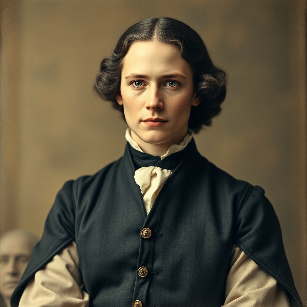 Reimagine a person in a specific historical era. They should be dressed in period-accurate clothing with a background that reflects that time. The style should be like a classic photograph from that era.