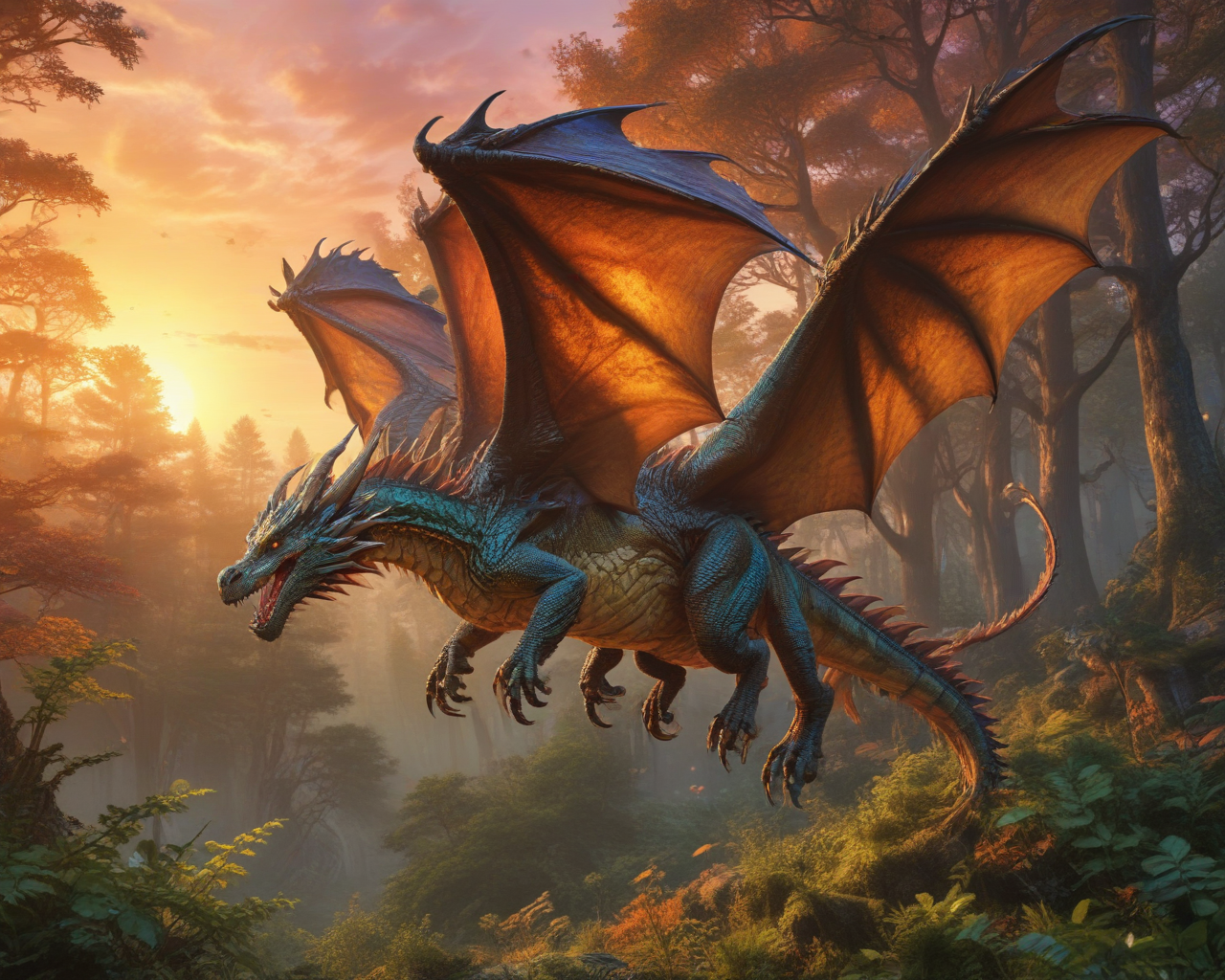 A majestic dragon flying over a magical forest at sunset, fantasy art style, highly detailed, vibrant colors