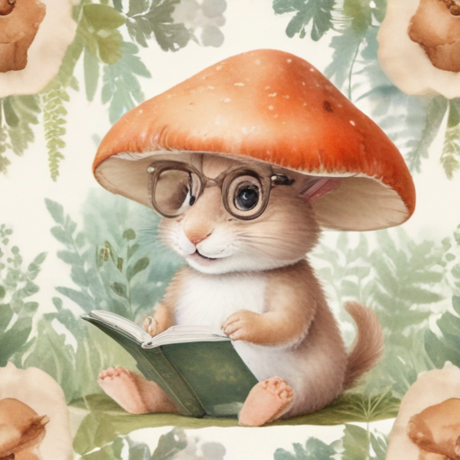 A cute rabbit wearing glasses reading a book under a mushroom in watercolor style.