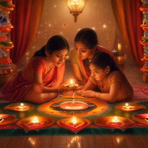 Family decorating their home with diyas and rangoli during Diwali night, warm lights, colorful ethnic clothing, candles glowing softly, photorealistic quality.