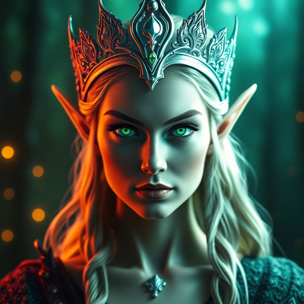 A majestic elf queen with emerald eyes and silver crown, glowing forest background, ethereal lighting, fantasy realism, inspired by Weta Workshop and LOTR aesthetics