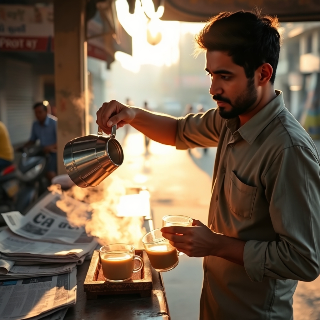 A man pouring hot chai into small glass cups at a roadside tea stall, steam rising in golden morning sunlight, newspaper on the counter, realistic Indian street background.