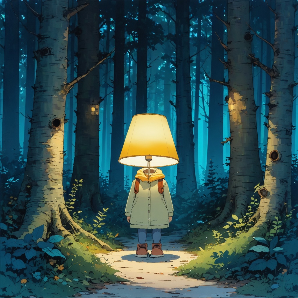 A cute walking in a dense forest with a lamp
