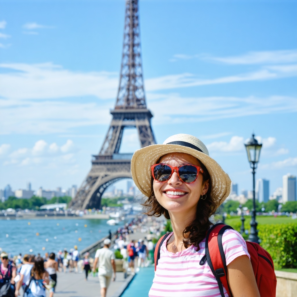Create a fun tourist-style photo of a person at a famous landmark. The style should be bright and cheerful, like a vacation snapshot. The background should be an artistic interpretation of a well-known tourist destination.