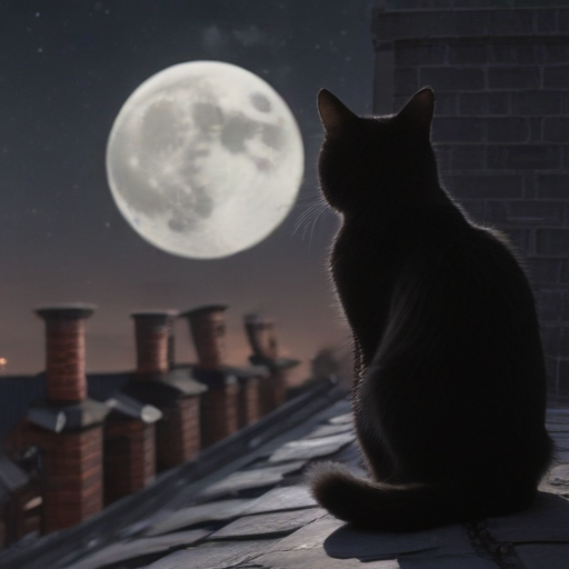 A black cat sitting on a rooftop under a full moon, surrounded by chimneys and starry sky, with its eyes glowing slightly, cinematic, realistic photography.