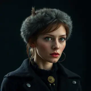 Портрет крупным планом/по пояс женщина, не меняй черты лица, перенеси их в точности с референса.  Стильная, драматичная модель с очень длинными, прямыми, темными волосами . Выражение лица Взгляд пристальный, серьезный, властный.  Она смотрит через плечо на зрителя, слегка повернув голову. На голове массивная, роскошная корона/диадема, инкрустированная множеством бриллиантов/кристаллов  Очень выразительный, драматичный, вечерний макияж. Губы пудрово коричневые.  Длинные, крупные, висячие серьги с кристаллами/стразами  Кожаная куртка  или пиджак с крупным, монохромным принтом в виде черепов и скелетных костей Черепа расположены сзади, особенно заметны два на нижней части спины/поясе.Многослойные серебряные цепи вокруг талии/бедер и массивные браслеты с шипами/кристаллами на запястье. Драматическое, контровое освещение  и боковое освещение , которое подчеркивает контуры лица и детали короны. Свет создает сильный блеск на волосах и украшениях. Темный, мистический, дымчатый фон с облаками тумана или дыма