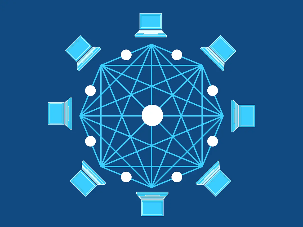 Un cercle d'ordinateurs mis en réseau, leurs communications sont symbolisées par des traits qui les relient tous entre eux. Il s'agit d'illustrer le fonctionnement d'un dispositif d'enregistrement électronique partage.