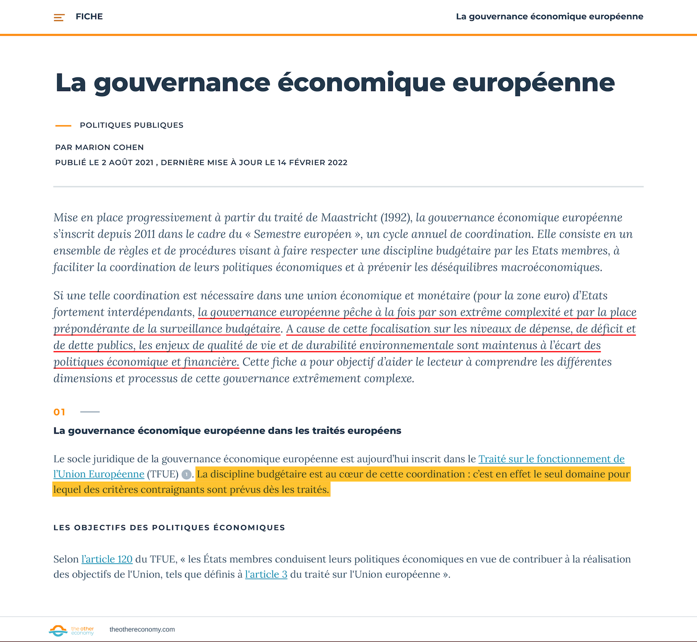 Impression-écran de la page explicative de la gouvernance économique européenne par le site theothereconomy.com.